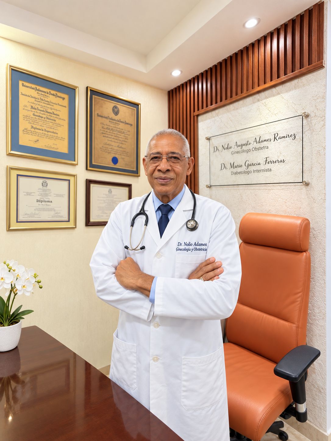Dr. Nolio Augusto Adames Ramírez con bata blanca y brazos cruzados en su consultorio