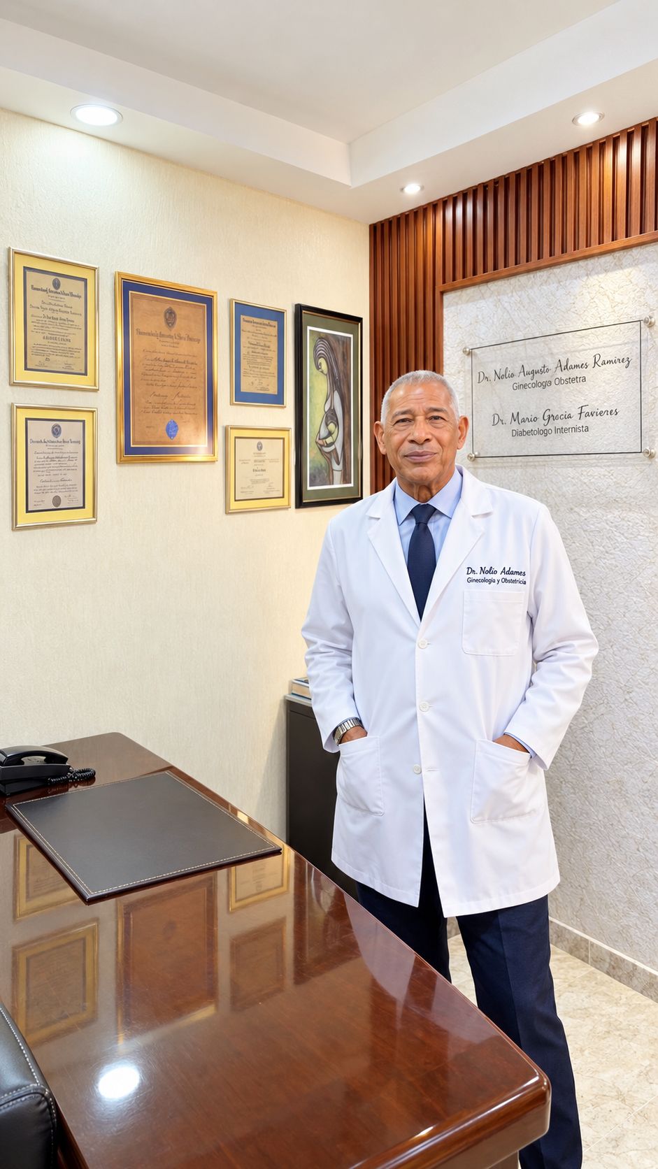 Consultorio del Dr. Adames con escritorio, diplomas en la pared y la placa con su nombre